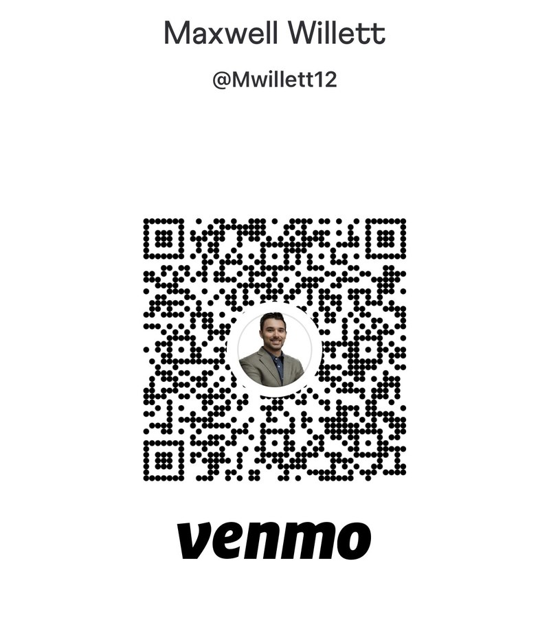 Venmo QR code for Maxwell Willett, username @Mwillett12